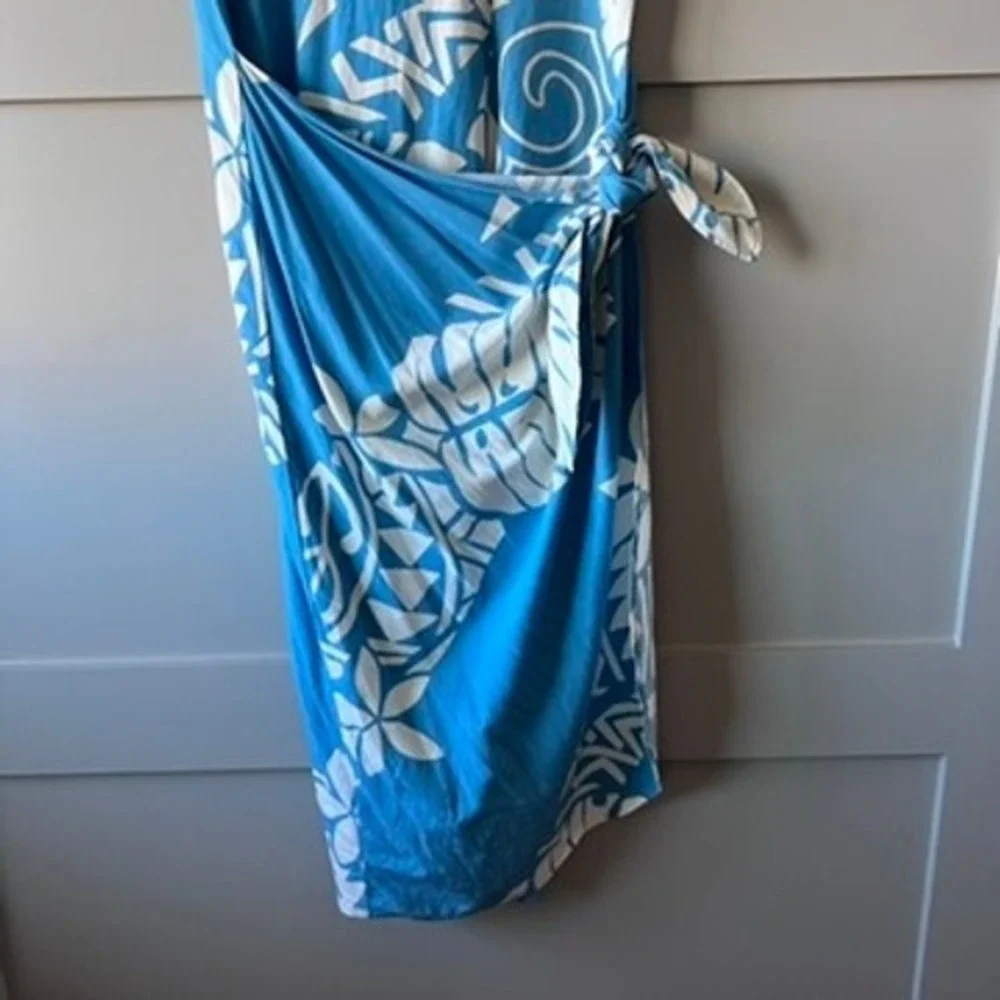 Hawaiian Blue Tropical Floral Midi Dress Sz M Wrap Tie Short Sleeve Beach Resort